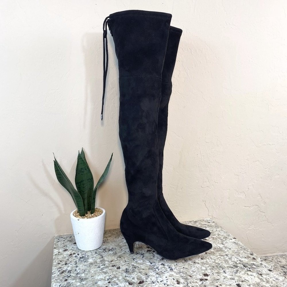 Sam Edelman Black Suede Over The Knee Kitten Heel Boots Size 6 Pointed Toe Tie